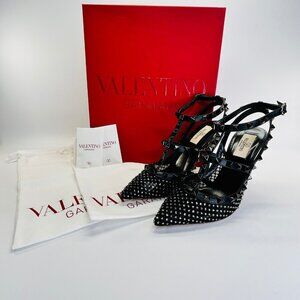 Valentino Rockstud Embellished Ankle Strap Pump Size 37 Black Studded Mesh Heel